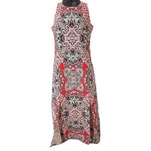 London Times Print Sleeveless Maxi Dress, Blue Coral, Red Slits Stretch Size 16w